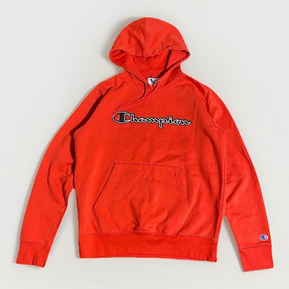 Champion Mens Medium Red Spell Out Logo Embroidered Pullover Hoodie Sweatshirt